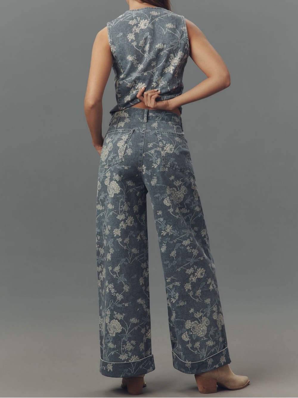 Anthropologie Floral Wide-Leg Denim Pants - Blue & Cream